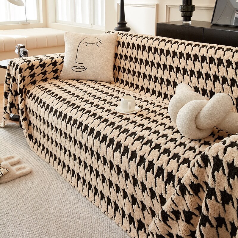 Plush Comfort Houndstooth Furniture Protection Sofa Cover