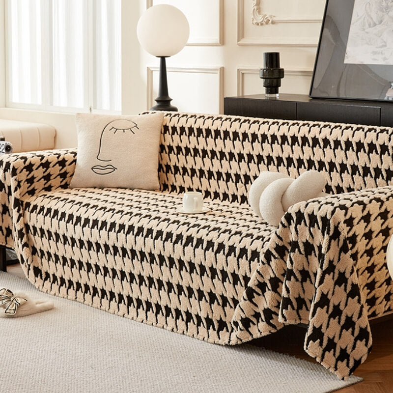 Plush Comfort Houndstooth Furniture Protection Sofa Cover