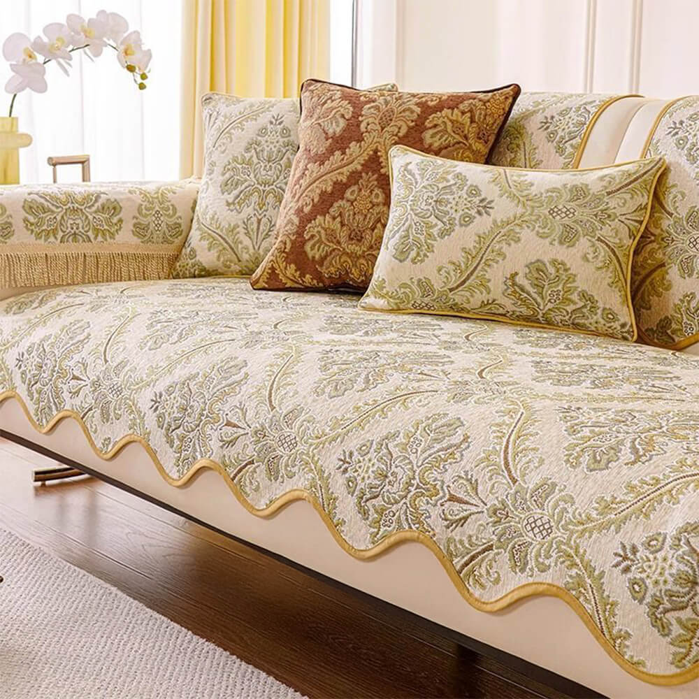 Luxury Chenille Floral Design Wave Edge Sofa Cover