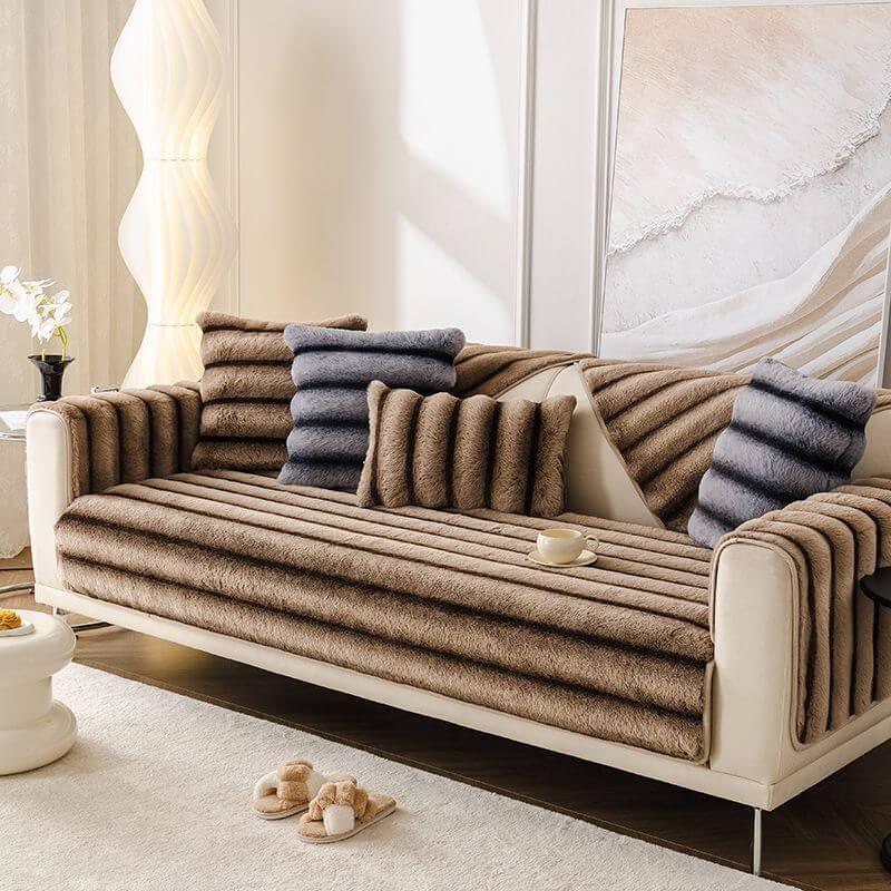 Striped Faux Rabbit Fur Sofa Protector Durable And Stain-Resistant Sofa Cover