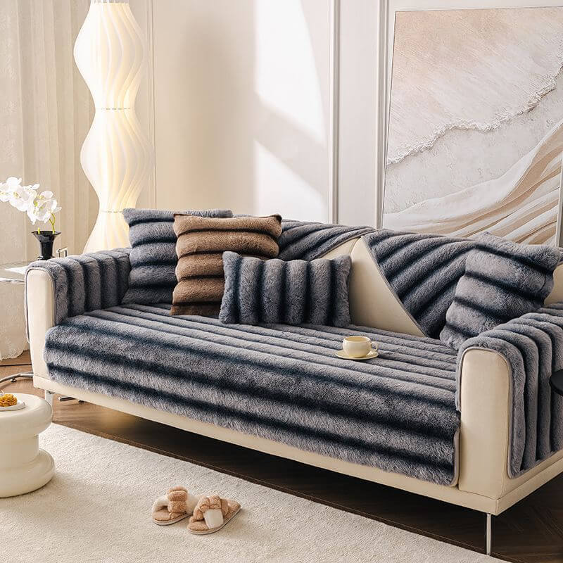 Striped Faux Rabbit Fur Sofa Protector Durable And Stain-Resistant Sofa Cover