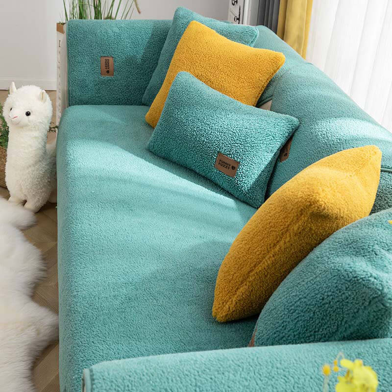 Waterproof Thick Fuzzy Faux Sherpa Fleece Non-Slip Sofa Cover Protector