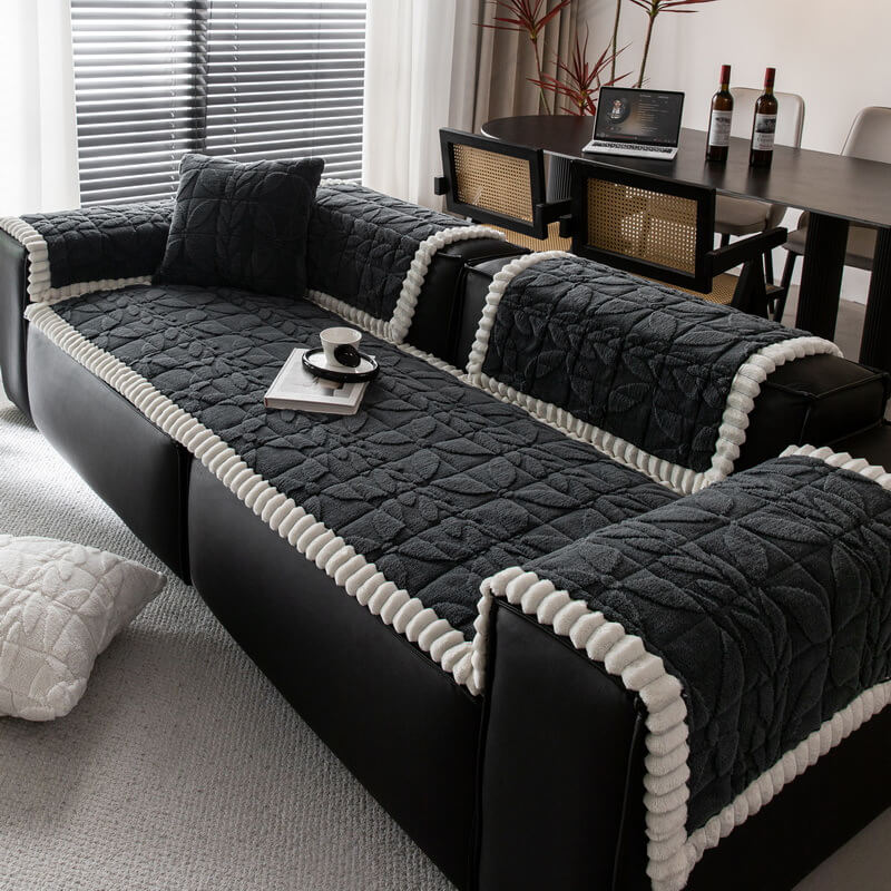Thickend Short Plush Leaf Pattern Scratch Resistant Non-Slip Sofa Cover