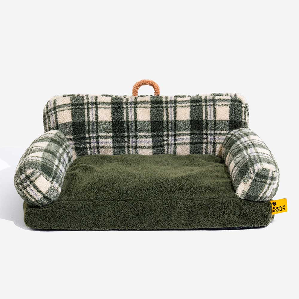 Vintage Chequered Washable Cosy Support Calming Dog & Cat Sofa Bed