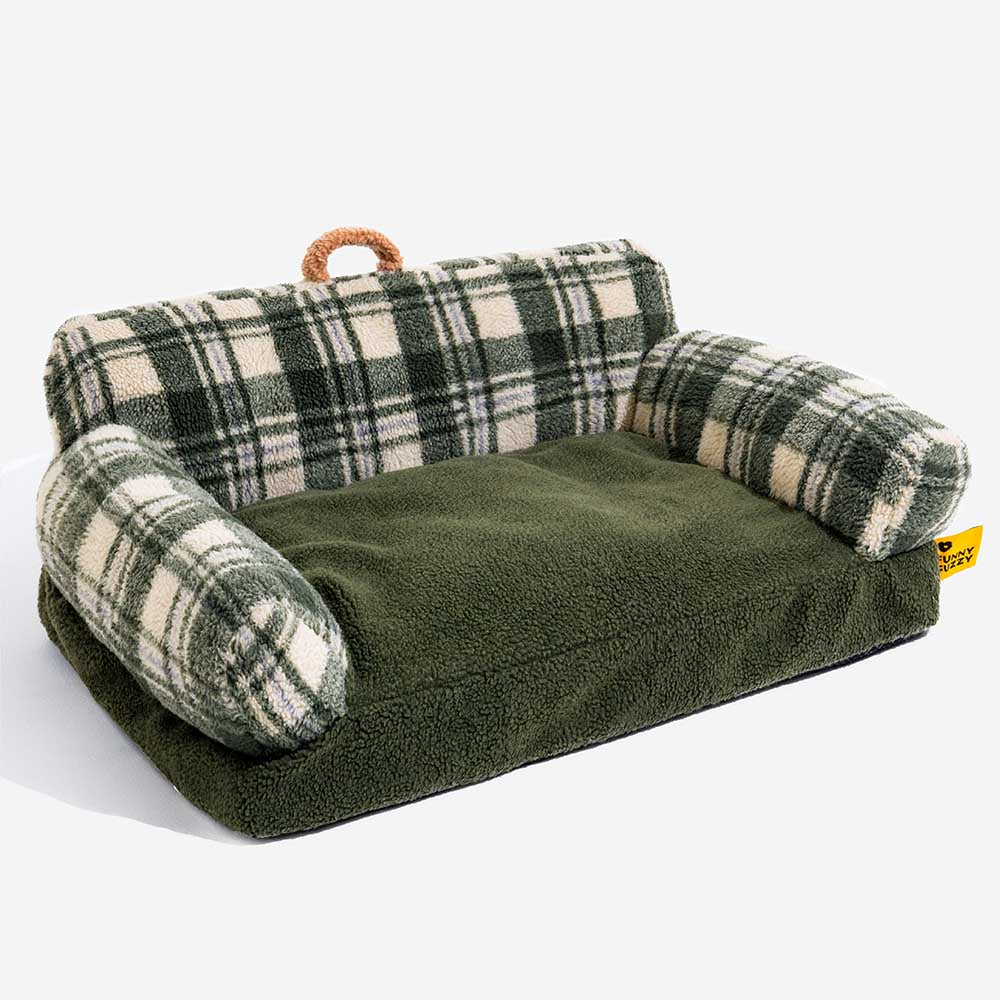 Vintage Chequered Washable Cosy Support Calming Dog & Cat Sofa Bed