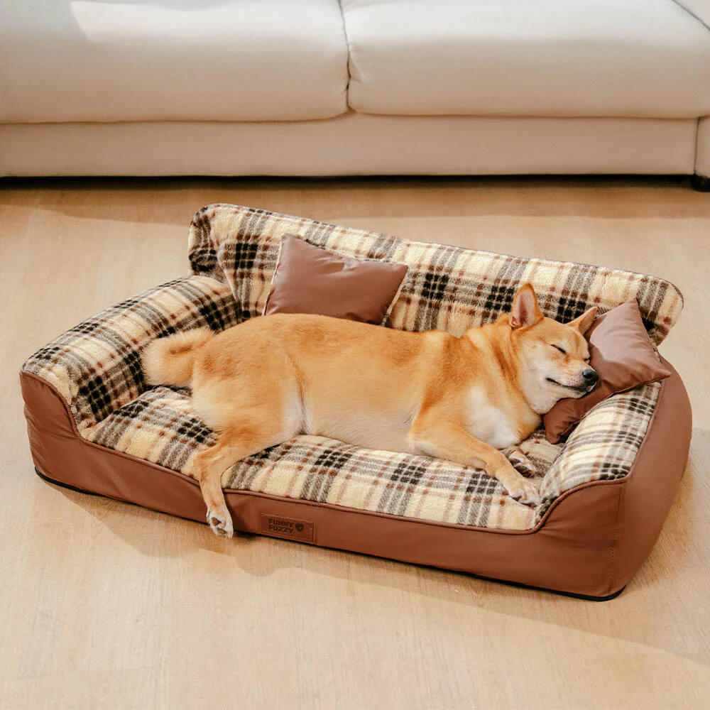 Vintage Plaid Plush Orthopaedic Dog Sofa Bed with Pillows - CosyLuxe