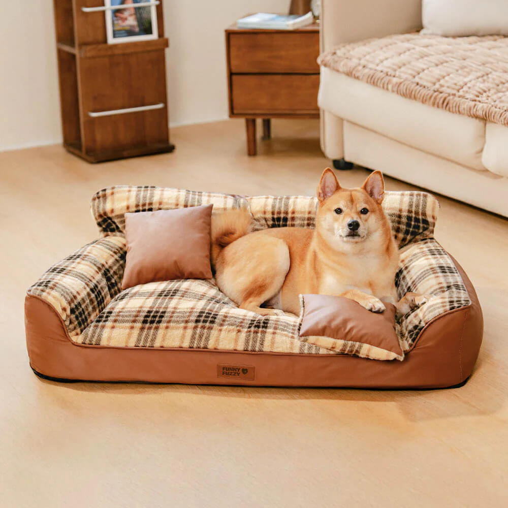 Vintage Plaid Plush Orthopaedic Dog Sofa Bed with Pillows - CosyLuxe