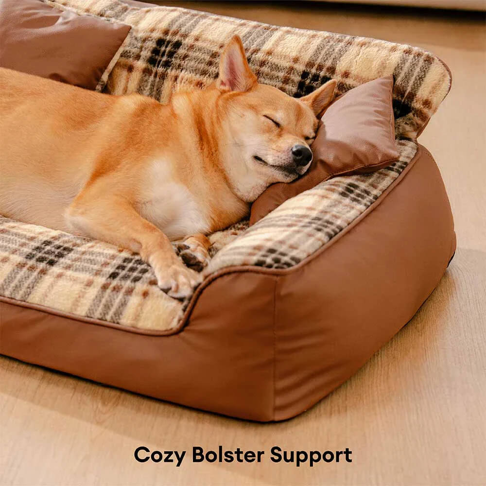 Vintage Plaid Plush Orthopaedic Dog Sofa Bed with Pillows - CosyLuxe