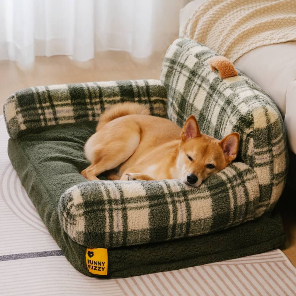 Vintage Chequered Washable Cosy Support Calming Dog & Cat Sofa Bed