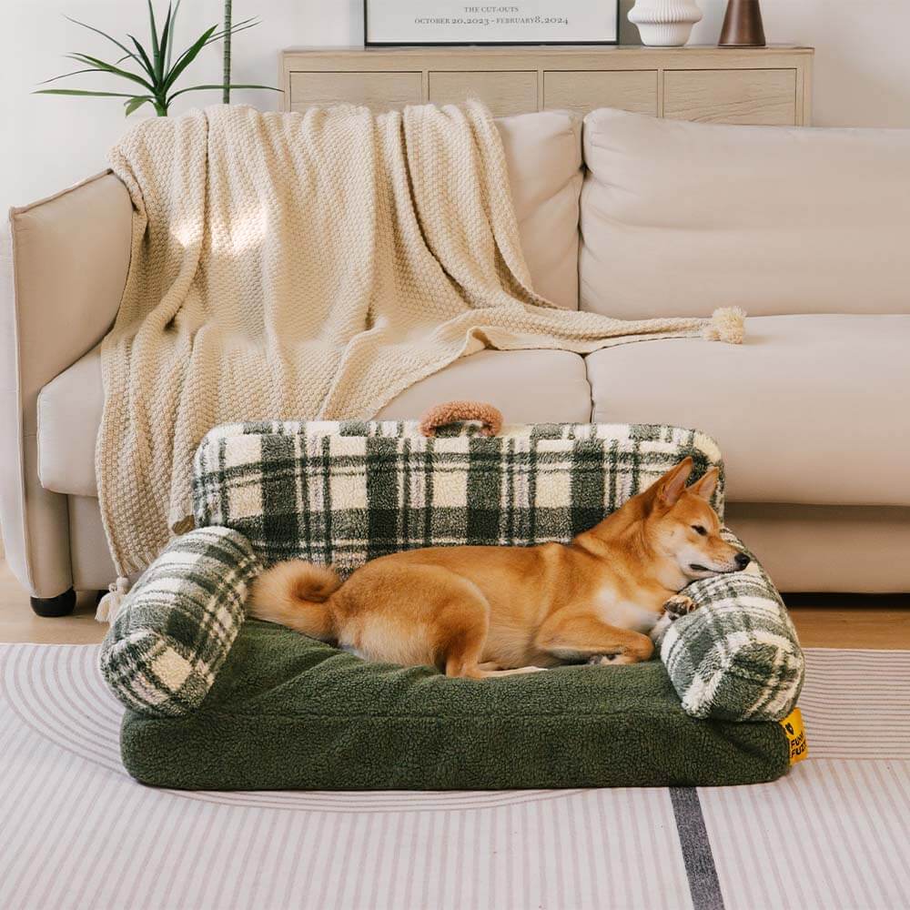 Vintage Chequered Washable Cosy Support Calming Dog & Cat Sofa Bed