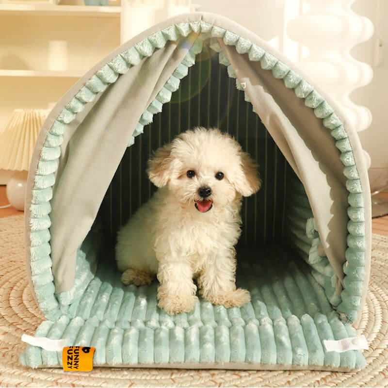 Double Curtain Pet House Enclosed Dog Bed