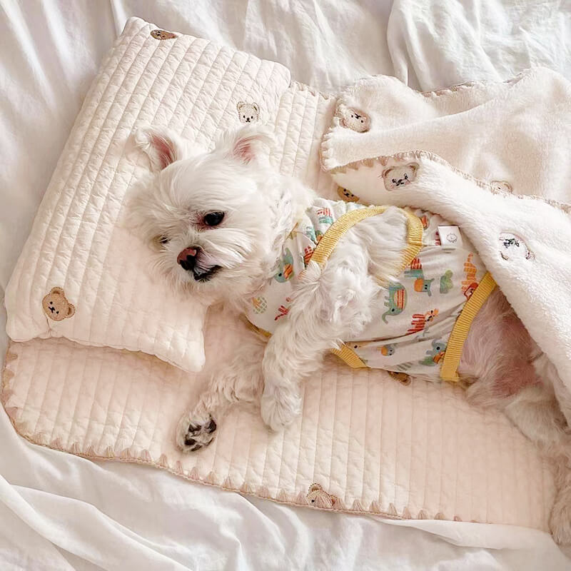 Cosy Embroidered Cotton Pet Pillow Quilt Bed Set