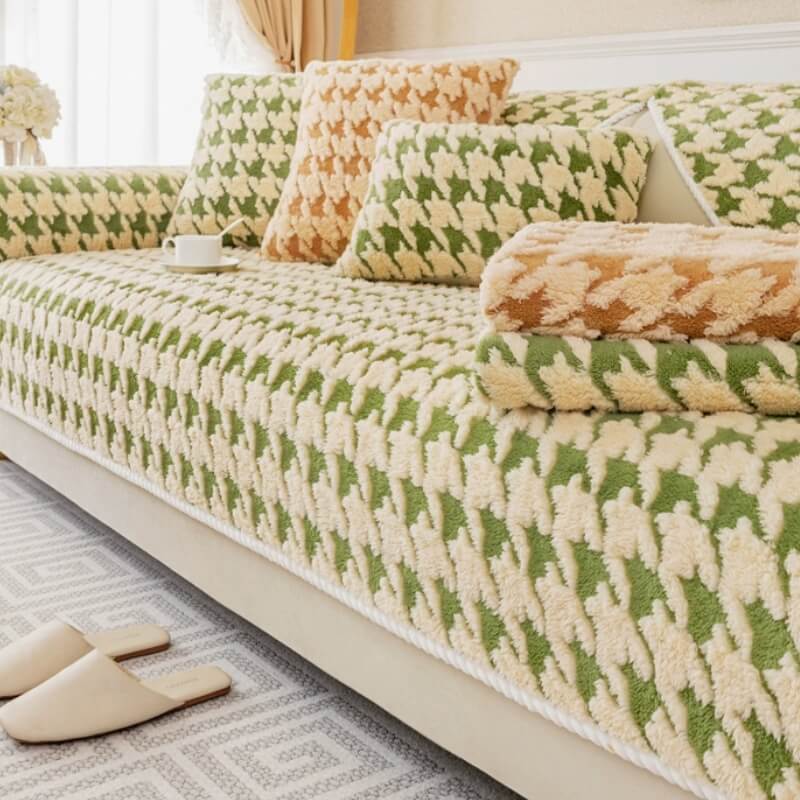 Houndstooth Plush Mat Furniture Protection Anti-Slip Sofa Cover