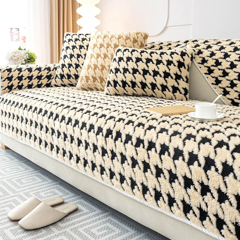 Houndstooth Plush Mat Furniture Protection Anti-Slip Sofa Cover